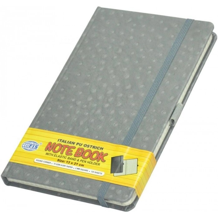 Executive Notebook W/ Elastic Band, Ostrich Italian Pu Cover,5mm, 13 x 21cm Grey - FSNBEX5MM1321GY