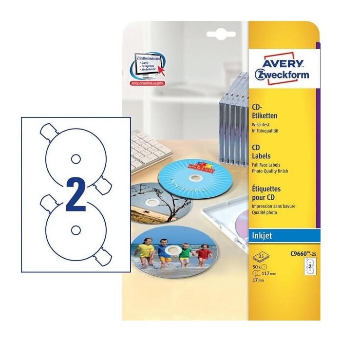 Avery C9660 Full Face CD Labels, Smudge Proof, diameter 117 mm, 10sheets/pack