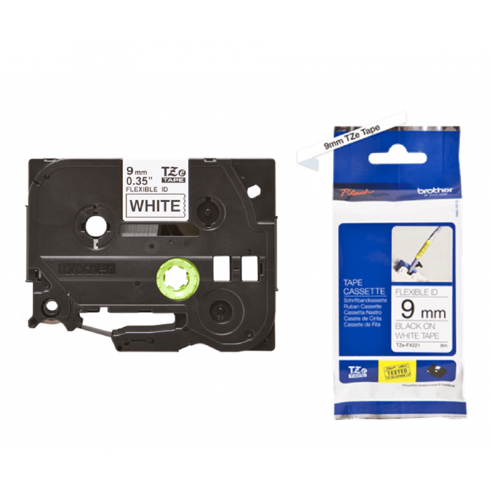 Brother TZe-FX221 Laminated Flexible Tape Black on White 9mm x 8mm