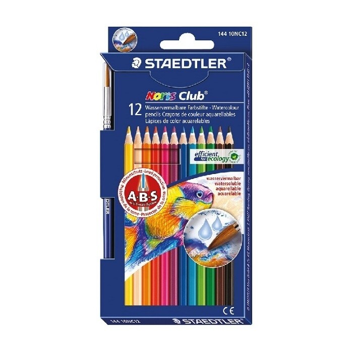 Staedtler 144 Noris Club Aquarell Water Colour Pencils with Brush, Assorted (Set of 12)